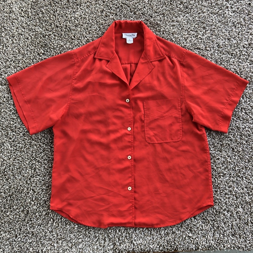 Christian Dior Chemises Button Up Shirt Womens Size 10 Red Collared Long Sleeve